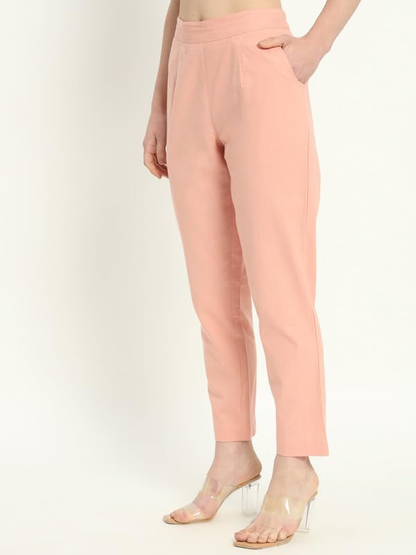 Image of Women's Solid Straight Fit 100% Cotton Trousers | High Waist, Side Pockets, Ankle Length Pants for Office, Casual