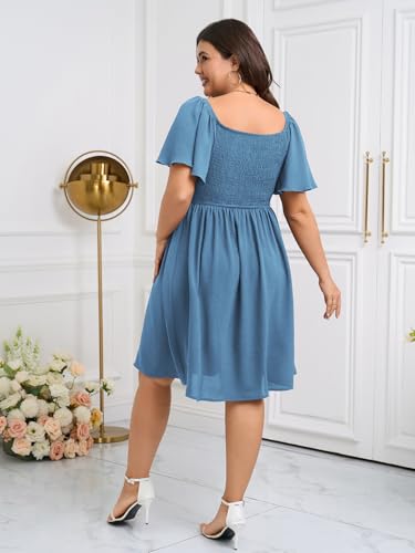 Image of SCOMCHIC Womens Plus Size Summer Dresses Casual Short Sleeve Smocked Square Neck Tie Waist Flowy A Line Mini Sun Dress