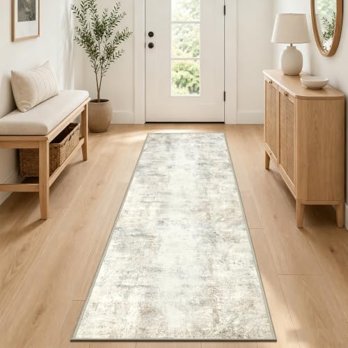 Capslpad 2x6 Beige Abstract Hallway Runner, Ultra Soft Fabric Washable Runner Rug, Non-Slip Rubber Backing, Stain Resistant Low Pile Runners for Hallways, Kitchen, Entryway, Bedroom, Laundry
