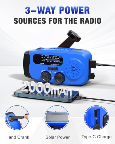 Image of Hand Crank Radio with AM /FM /NOAA Weather Bands,for Emergencies, Camping | 3 LED Flashlights,SOS Function,Solar Powered,Hand Cranked, 2000mAh /7400mWh Charger,for Power Outage - Blue