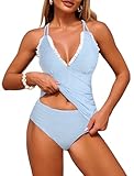ZAFUL Swim Suits for Women 2025 Smocked Two Piece Tankinis Modest High Waisted Tummy Control Simsuits Slimming Ruched Push Up Bathing Suit Retro Ruffle Full Coverage Tankini Swimwear Blue Striped M