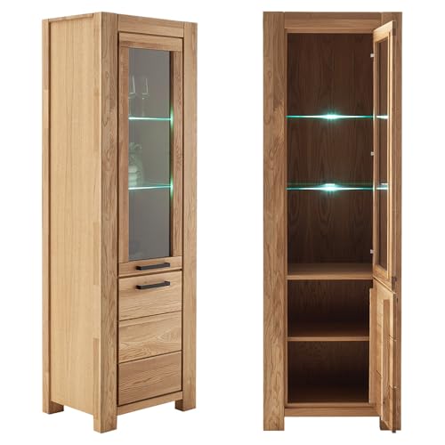 Lomadox Wohnwand Wohnmöbel Set Eiche teilmassiv geölt 4-teilig, 1 Vitrine, 1 Wandboard, 1 Lowboard, 1 Highboard, inkl. LED-Beleuchtung | Echtholz/Massivholz/Furnier – Bild 6