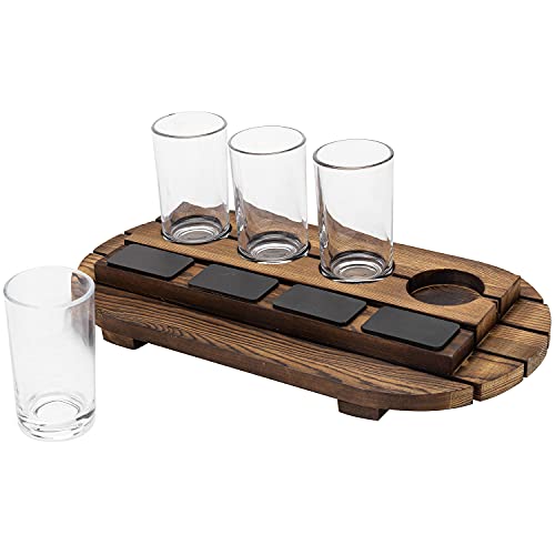 Mygift Rustic Dark Brown Slatted Wood Beer Flight Tasting Sampler Tray Server Set With 4 Glass Cups And Mini Chalkboard Labels #TOP5