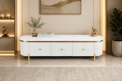 Image of Mazzo White Marble TV Unit Console | 70 inchx15 inchx18 inch | Golden Legs & Charcoal Louvers | Storage Drawers | Modern TV Stand Console Unit White Marble Top with Gold Accents, Storage Drawers