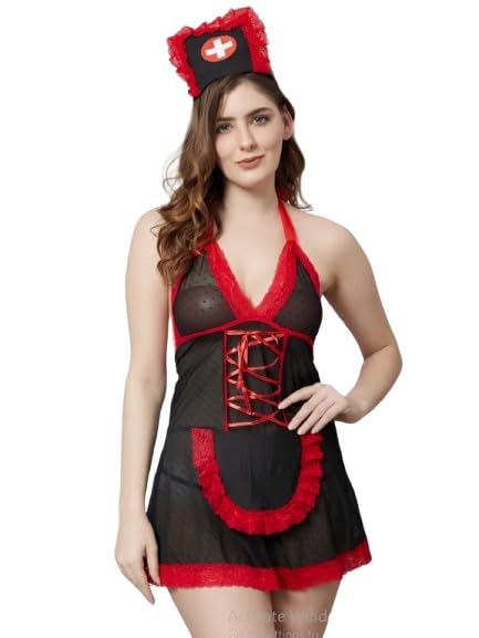flirty touch Women’s Sheer Lace Babydoll Dress with Headband – Black & White Nightwear-picture-12