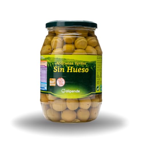 Alipende Aceitunas Verdes Sin Hueso 400g (Peso Escurrido) - Variedad Manzanilla Fina - Categoría I - Origen 100% España - Sin Gluten - Pack de Calidad para Aperitivos y Ensaladas.