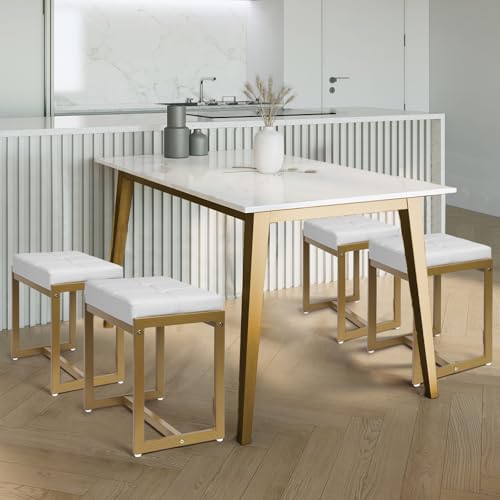 FLYZC Vanity Stool, Vanity Chair Stool for Makeup Room, Faux Leather Small Makeup Stool Bench for Vanity, Modern Gold Metal Vanity Stool Foot Stool Ottoman for Bedroom Living Room, White & Gold