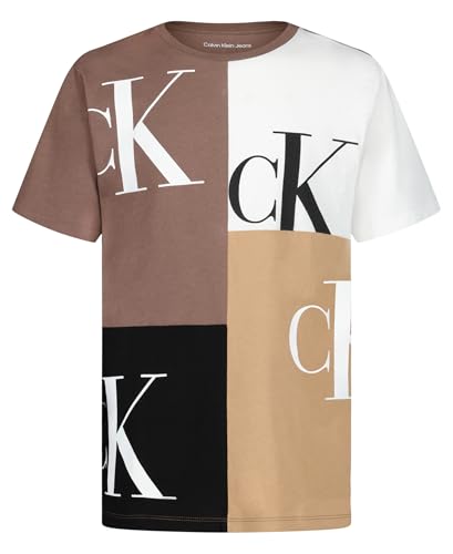Calvin Klein Boys' Short Sleeve Fashion Print Crew Neck T-Shirt, Comfortable, Relaxed Fit, Block Party Coffee Quartz, 8