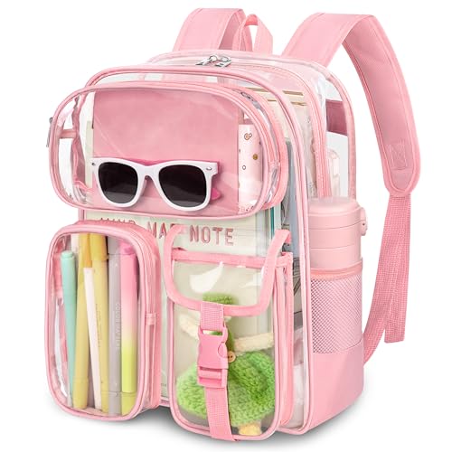 Clear Backpack for School 12 x 12 x 6, Heavy Duty PVC Transparent Bookbag with Reinforced , Clear Bag for Stadium Events Girls Boys, Large Capacity Backpack for Security College Work Travel - Pink