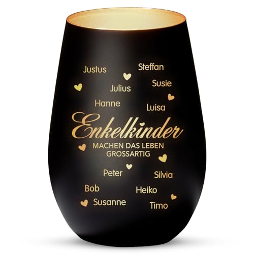 Love Faith Meine Enkelkinder Windlicht Schwarz/Gold - Personalisiertes Windlicht für Teelichter mit Namen-Gravur - Geschenk für Oma & Opa