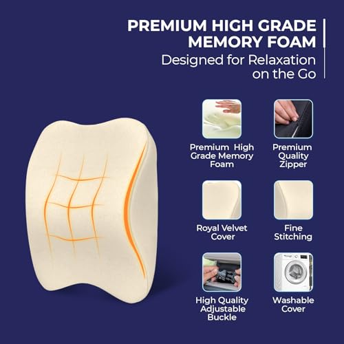 Image of WELLGIVER Orthopedic Memory Foam Car Neck Rest Pillow - Cervical Support Cushion for Neck Pain Relief, Adjustable Strap - Universal Fit for All Cars | Beige Velvet | Pack of 2