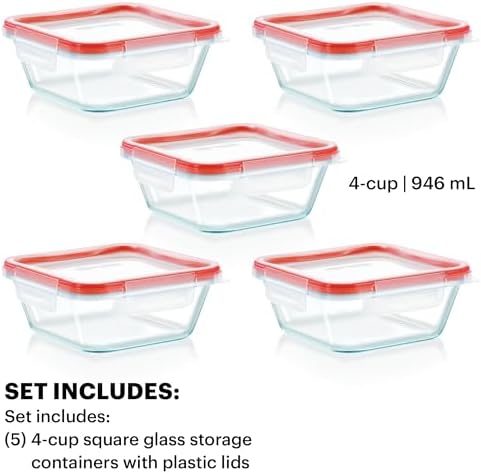 Pyrex Freshlock 10-Pieces 4-Cup Glass Food Storage Containers Set, Airtight & Leakproof Locking Lids, Freezer Dishwasher Microwave Safe