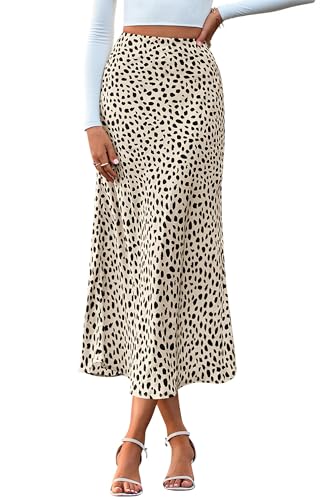 BTFBM Satin Skirts for Women Trendy Spring Summer 2026 High Waisted Leopard Print Cocktail Wedding Long Silk Midi Skirt(Dot Apricot Black, Medium)