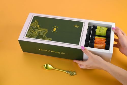 Image of Luxmi Estates Tea Bags Sampler Tea Assortment Gift Pack - Turmeric Time Out, Valerian Dream, Minty Mile, English breakfast, Citrus Sky, Astounding ashwagandha - 5n Each Envelope Teabag Sachets Of Everyday Tea & 1 pc spoon - 30 Pcs, 6 Flavors Elegant Gift Box, Premium Green & Herbal Variety Pack, Healthy Gift Pack | Valentines Day Gifts for Him & Her