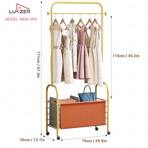 Image of Lukzer | MGR-009 | Gold | Metal Clothes Rail Stand with 360 Rotating Wheels, 4 Side Hooks & 1-Tier Leather Storage Bin - Garment Rack Organizer for Bedroom, Closet, Dorm, Laundry | 171 x 75 x 35 cm