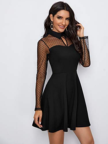 DIDK-Damen-Spitzenkleid-Elegant-Minikleid-Elegant-A-Linie-Partykleid-Hohe-Taille-Netz-Kleid-Festliches-Kleid-Einfarbig-Faltenkleid-Sexy-Shortkleid