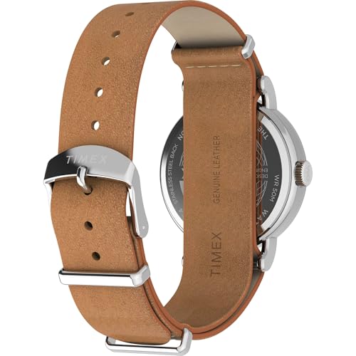 Image of TIMEX Weekender Main Line Analog Watch for Unisex with White Round Dial & Brown Leather Strap Band Water Resistant Unisex Wrist Watches - TW2W86500UJ