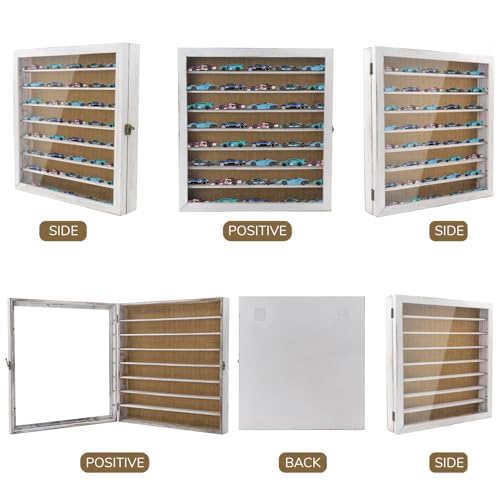 Image of Large Display Case for 1 /64 Scale Model Cars, Wall-Mounted or Freestanding Wood Display Cabinet for Hot Wheels, Rocks, Challenge Coins, Mini Toys, Minifigures, UV Protection Shadow Box, Vintage White
