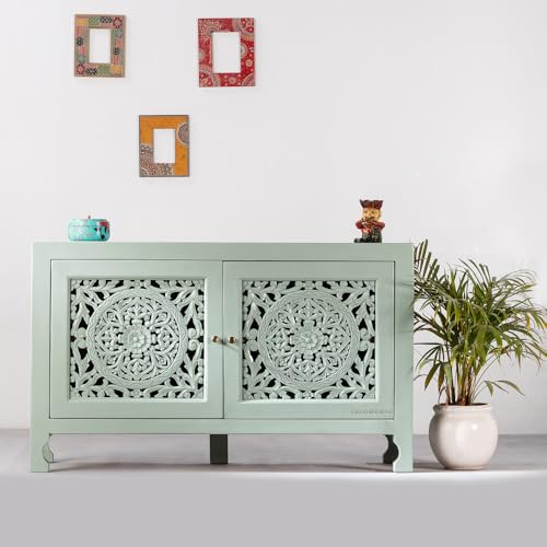 Image of Yepa Wooden Sideboard Cabinet for Living Room | Handcrafted Solid Wood Storage Cabinet with Carved Doors | Crockery Cabinet for Home | Crockery Furniture for Home (Green Ela)