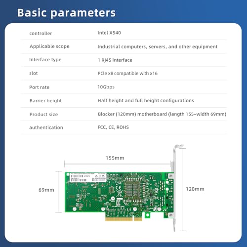 Tarjeta de Red 10GB con Intel X540-T1 Adaptador LAN Server RJ45 Single-Port PCIE X8 10Gbps Ethernet Server NIC, Compatible con Windows/Windows Server/Linux/VMware miniatura 2