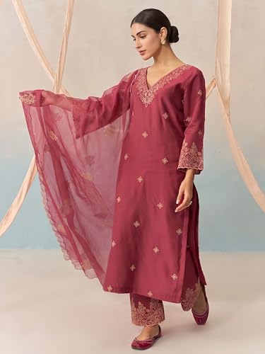 Image of Royal Export Women's Kurta Set | Viscose Silk Floral Embroidered Straight Kurta Pant Dupatta Set Kurta Sets for Women | Ladies Kurta Set