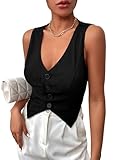 SweatyRocks Women's Asymmetrical Hem Button Front Crop Vest Blazer V Neck Sleeveless Crop Tank Top for Women Black L