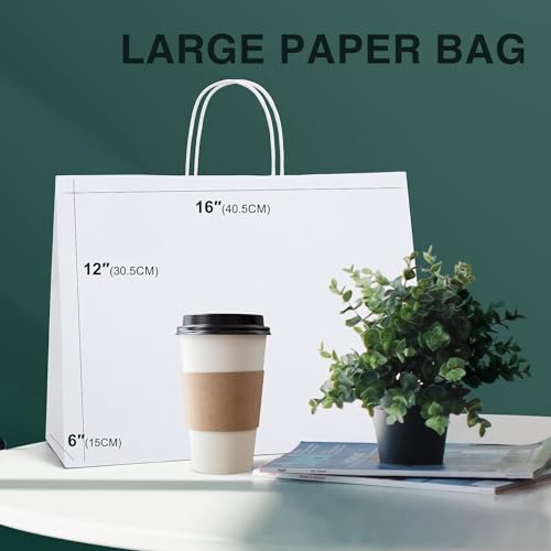 image for METRONIC Paper Gift Bags 16x6x12'' 50Pcs White Paper Bags with Handles
