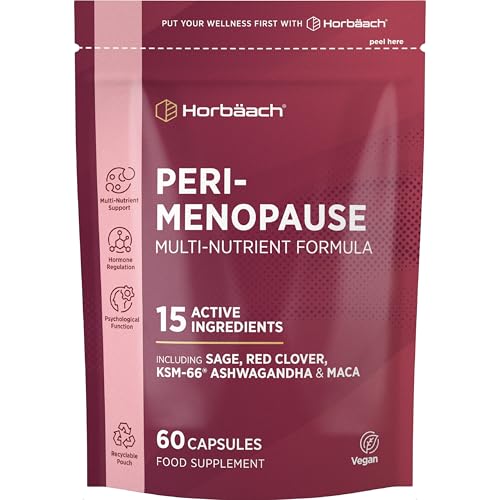 Perimenopause Supplement for Women | Sage Red Clover Ashwagandha KSM-66 & More | 15 Vitamins Minerals & Botanicals to Support Wellbeing at Early Stage of Menopause | 60 Vegan Capsules | by Horbaach