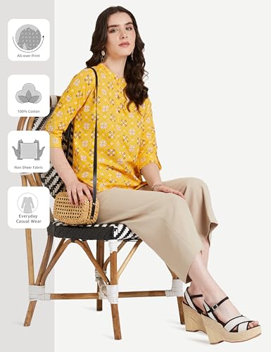 Image of Amazon Brand - Myx Women's Screen Print Straight Cotton Short Kurti (Available in Plus Sizes)