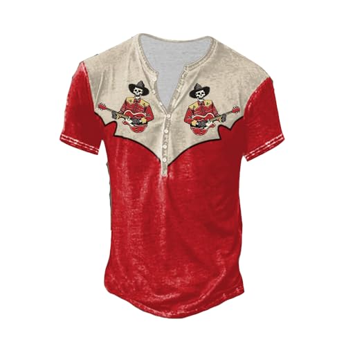 Generic Western Skull Cowboy Playing Guitar Shirt Retro Western Skull Cowboy Playing Guitar Print Casual Vest Western Country Shirts Retro Plus Size Shirt Vintage Graphic Shirt Large, Red