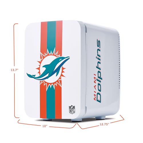 Image of Ukonic NFL Miami Dolphins 15-Can Mini Fridge 10L - AC /DC Powered, Official Team Colors & Logo, Portable Cooler for Tailgates, Home, Office, or Car