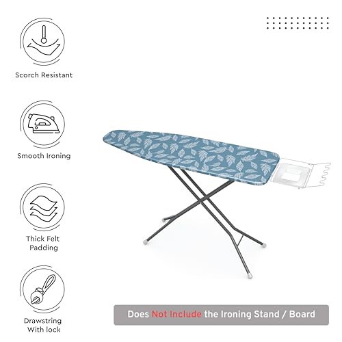 Image of Encasa XO Ironing Board Cover with 3mm Thick Felt Pad for Steam Press (Fits Standard Large Boards of 125x39 cm) Heat Reflective, Scorch & Stain Resistant, Printed - Big Leaves Blue