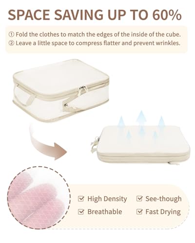 ECOHUB 6 Set Compression Packing Cubes, Lightweight Beach Vacation Travel Essentials Durable Travel Accessories for Suitcase Carry On Luggage Organizer Bags with YKK Zippers Shoe Bag, Beige3