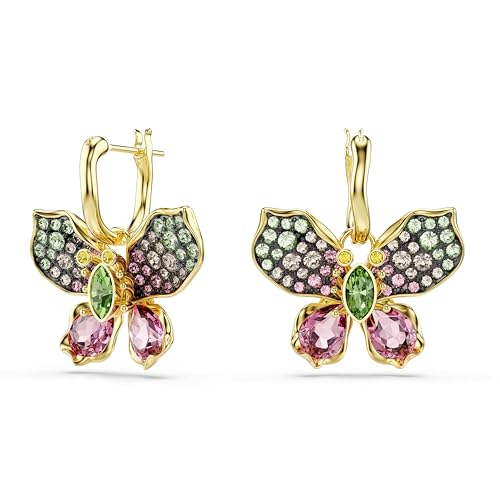 Swarovski Idyllia Orecchini Pendenti, con Pavé di Cristalli Multicolore Swarovski, Motivo a Farfalla, Taglio Misto, Placcatura in Tonalità Oro, 2,4 x 2,1 cm, peso (singolo orecchino) 3,2 g