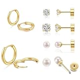 CHARIFIN - arete de aro pequeños para mujer, de acero inoxidable, chapados en oro, circonita, perlas, paquete de 6 pares, Acero inoxidable Circonita cúbica, Circonia cúbica