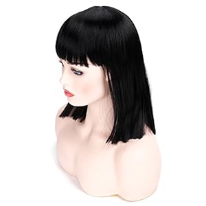 Morvally 35,6 cm kurze gerade Bob Wig Heat Resistant Hair with Flat Bangs Natural Looking Cosplay Costume Daily Wigs (Natural Black)