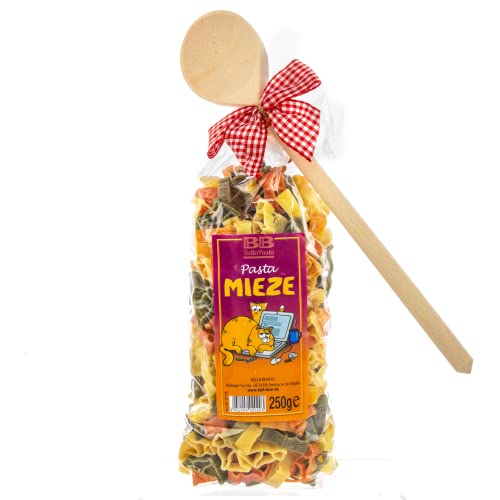 Bull & Bear bunte Katzen Nudeln, 250g, Motivnudeln aus Hartweizengrieß, handgefertigt in deutscher Manufaktur, Pasta Geschenk, inkl. Holzlöffel