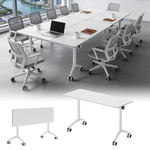 STEHEMO Folding Conference Room Tables with Wheel, Modern Modular Training Tables with Flip Top, Commercial Folding Office Desk for Office Classroom Seminar Conference Room Meeting Library,1pc,55IN