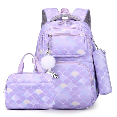 Schulranzen Set für Mädchen, Kinder Grundschulrucksack Kinder Rucksäcke Leichtgewicht Schulrucksack, Schultaschen Mädchen mit Thermotasche Stift-Taschen (3 Teilig)