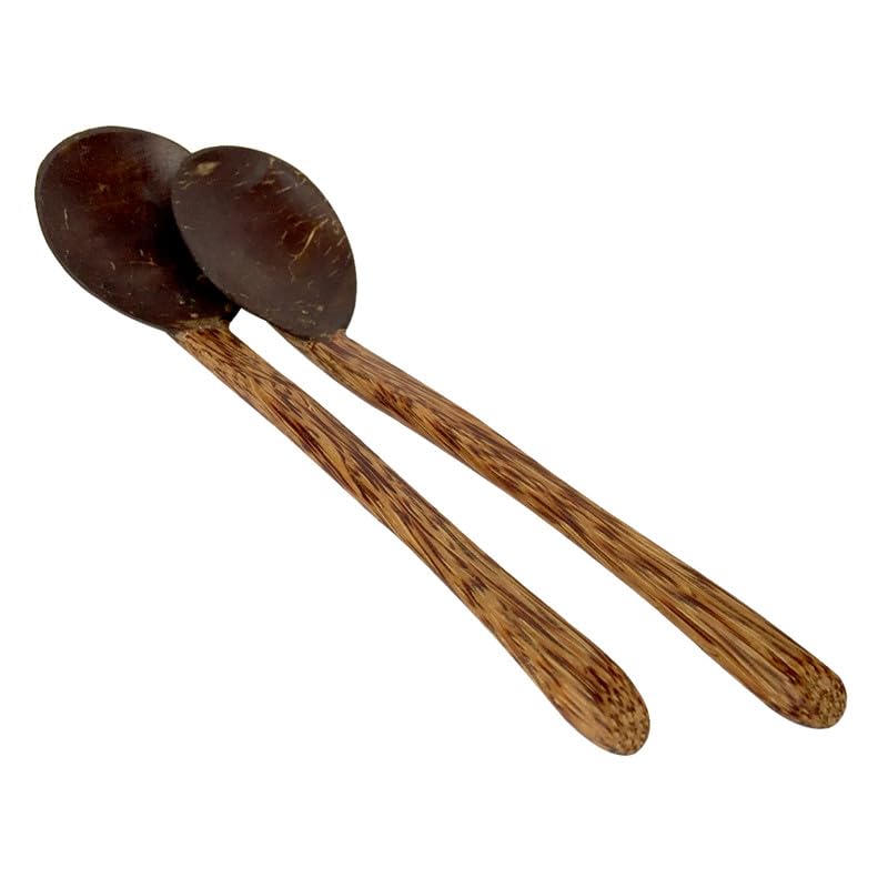 Mrithikart Handicrafts Premium Handmade Coconut Shell Oval Shape Serving Spoon (Medium) - Wooden Non-Stick Kitchen Utensil - Natural - Organic - Brown Coconut Wood - Eco-Friendly - Set of 2