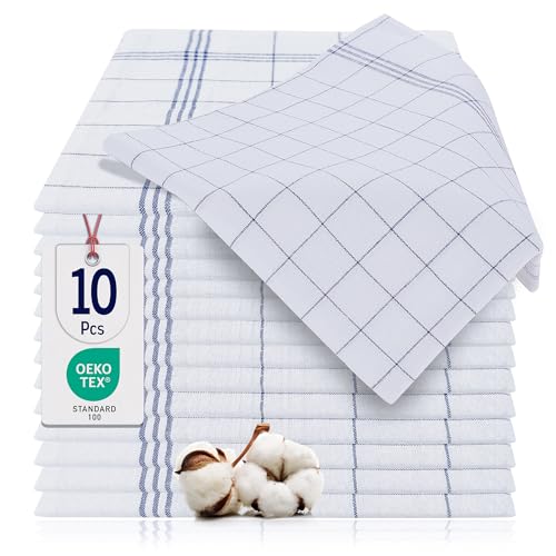 BARBONS Lot de 10 Torchons de Vaisselle de 50x70 cm -%100 Coton Torchon de Cusine Premium Qualité Certifiée Oeko-TEX - Ultra Absorbant Design élégant à Carreaux - Bleu