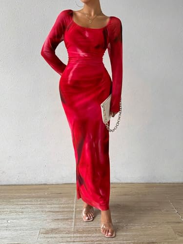 Image of LIGHT DOT Women's Printed Off Shoulder Maxi Dress Long Sleeve Bodycon Ruched Mesh Cocktail Dress