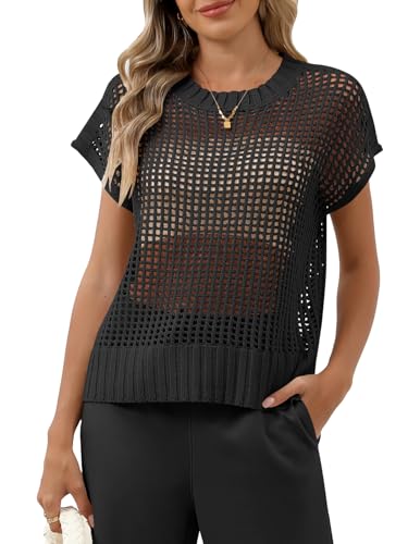 Women Summer Short Sleeve Crochet Sheer Knit Sweater Top Beach Cover Up Hollow Out Sexy See Through T-Shirts