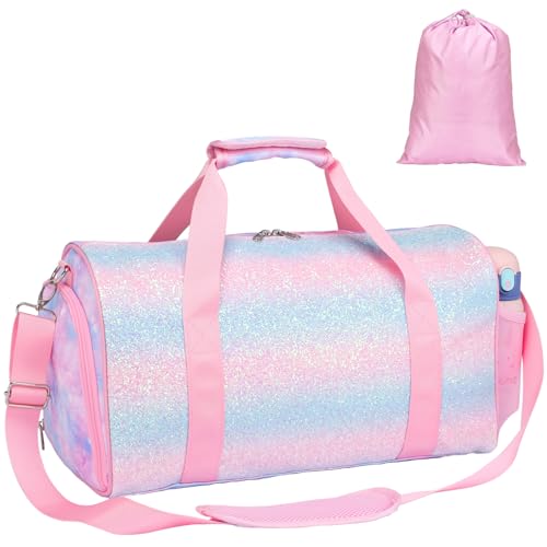 Bagseri Dance Bag for Girls - Kids Duffle with Shoe Compartment, Gymnastics Tote for Sleepover Travel with Water Resistant Wet Pocket (Tie-dye,Pink)