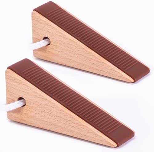 WEYON Wooden Door Stopper for Bottom of Door, with Antiskid Silicone Band and Hanging Rope, Fitting for Door Gap Under 2 Inches, 2 Pack Brown.