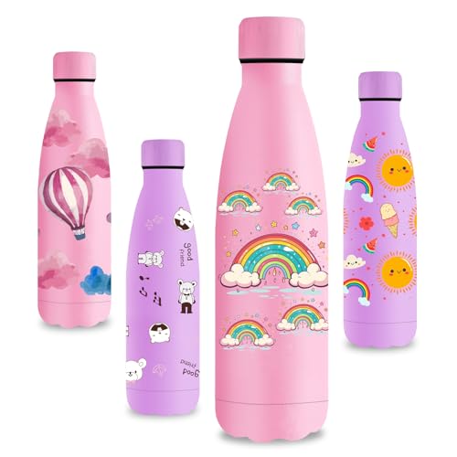 Vikastar Botella Termica, 0.5L Sin BPA, Botella Agua Acero Inoxidable, Reutilizable, Cantimplora, a Prueba de Fugas, Doble Aislamiento, Botella de Agua para Niños, Deportes, Fitness, Rosa Arcoiris
