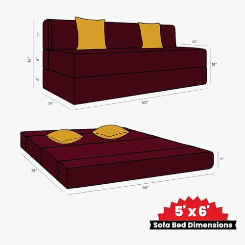 Image of CELLBELL Comfy Sofa Cum Bed 5x6 Feet | Foldable Sofa Bed with Washable Fabric Cover, Soft Cushions & Sturdy Frame | Space Saving Dual Use Couch for Living Room & Guest Use (Maroon)