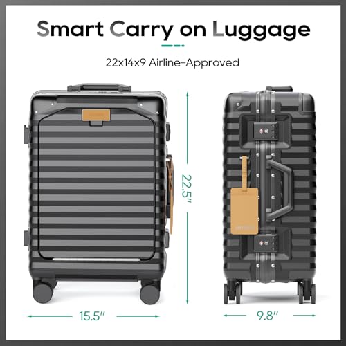 Image of Joyway 20 Inch Carry on Luggage with Aluminium Frame and Front Pocket, PC Hardshell Suitcase with USB Port and Cup Holder, 21.5x14.2x9 Airline Approved, Luggage with Spinner Wheels and TSA Lock (Grey)