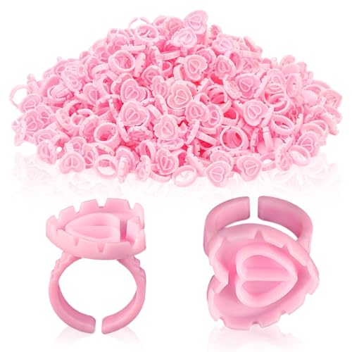 300PCS Pink Glue Rings for Eyelash Extension, Lovely Heart Shape Rings