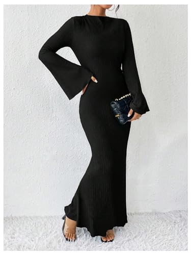 Image of GORGLITTER Women's Bell Long Sleeve Cocktail Maxi Dress Crew Neck Bodycon Fishtail Casual Long Dresses